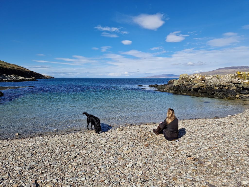 Girl sat on pebble beach beside the sea, with dog in water.