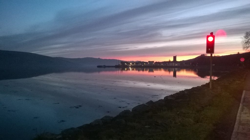 Sunset over Loch, and traffic lights