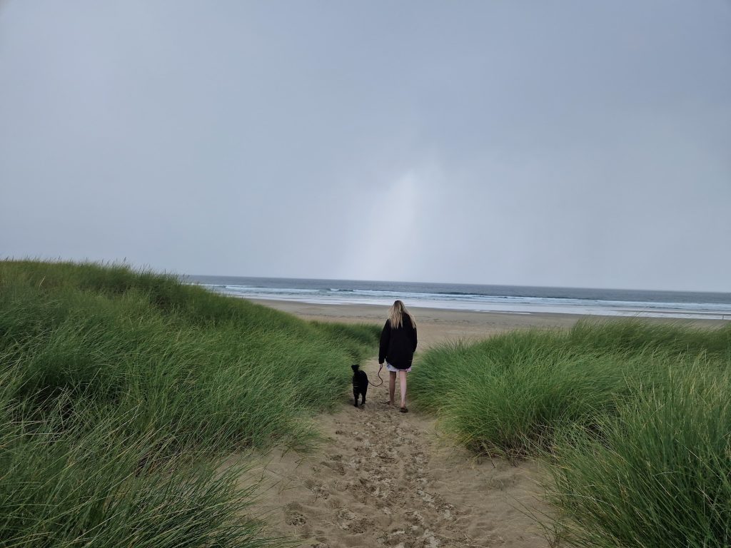 girl walking dog onto beach
